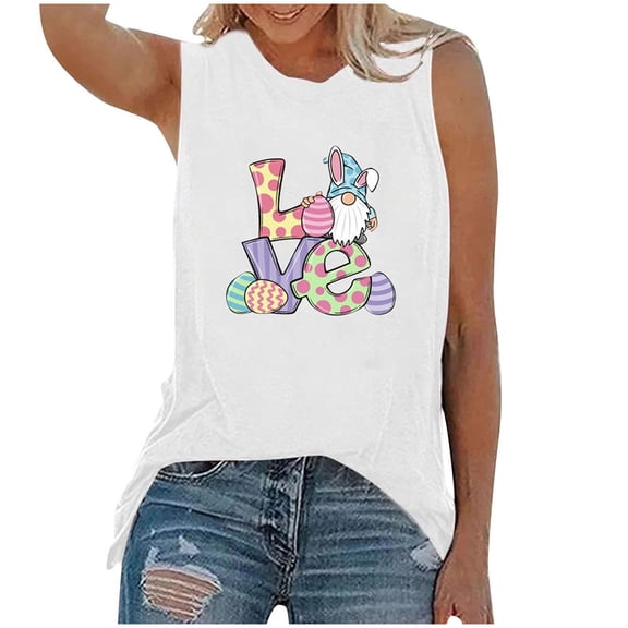 EINCcm Women Tank Tops, Womens Tank Tops O Neck Happy Easter Print T-Shirts Sleeveless Loose Casual Easter Eggs Bunny Plus Size Fashion Funny Clothes Tee Blouse Gift