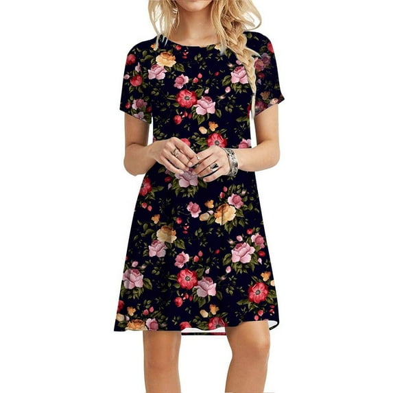 EINCcm Women's Dresses, Casual Loose O Neck Short Sleeve Flower Printed Tunic Black Dresses Spring Summer Dresses for Women