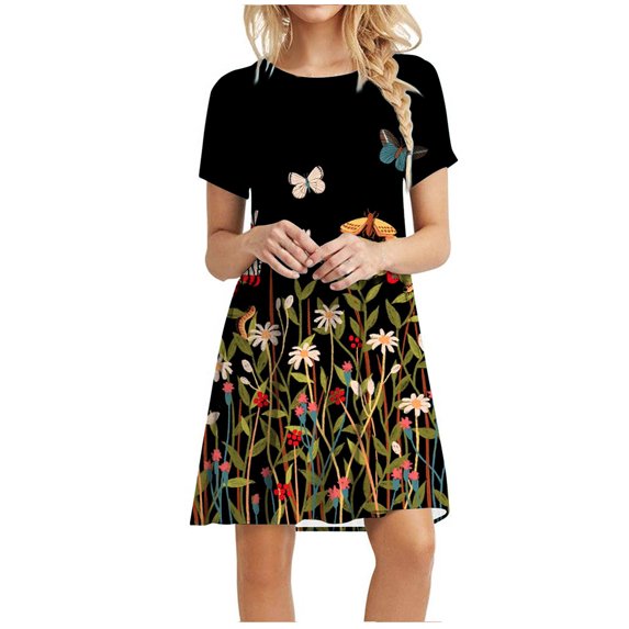 Christmas Savings Clearance! EINCcm Women's Dresses, Casual Loose O Neck Short Sleeve Flower Printed Tunic Black Dresses Spring Summer Dresses for Women