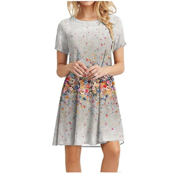 Winter Savings Clearance! EINCcm Women's Dresses, Casual Loose O Neck Short Sleeve Flower Printed Tunic Dresses Spring Summer Dresses for Women