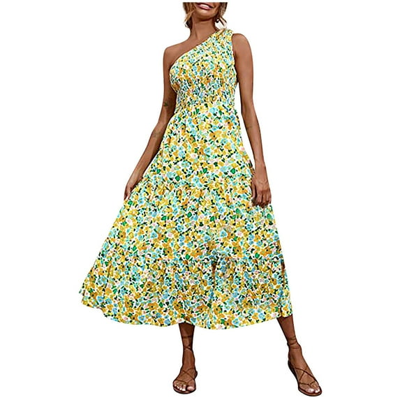 Christmas Savings Clearance! EINCcm Women's Dresses, Casual Summer Maxi Dress One Shoulder Floral Belted Flowy Bodycon Slim Boho Dress Cocktail Dresses Sundress Spring Summer Dresses for Women