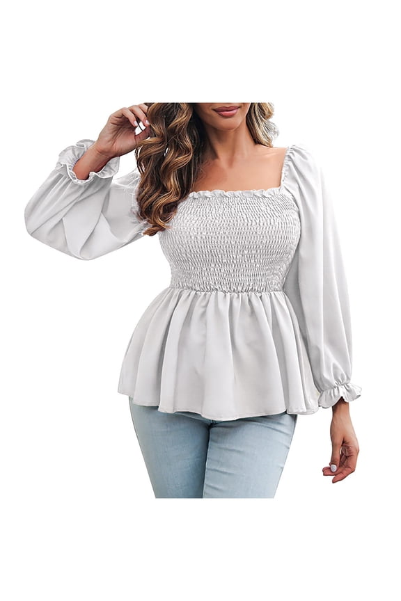 Womens Tops Dressy Long Puffy Sleeve Square Neck Plus Size Loose Plain Chiffon T-Shirts, Spring Summer Fall Womens Basic Tunic Tops Pullover Blouses Tees Shirts
