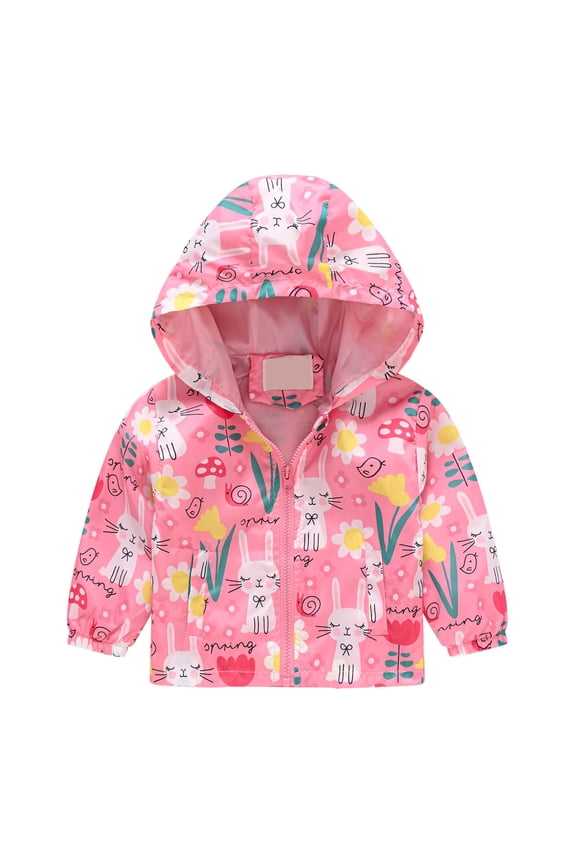 2-8Years Girls Windproof Hooded Jacket Cute Cartoon Graphic Prints Zipper Coat Kids Spring Fall Clothes Children Windbreaker Outerwear