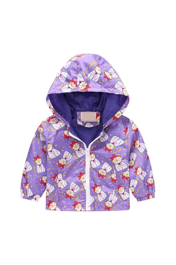 2-8Years Girls Windproof Hooded Jacket Cute Cartoon Graphic Prints Zipper Coat Kids Spring Fall Clothes Children Windbreaker Outerwear