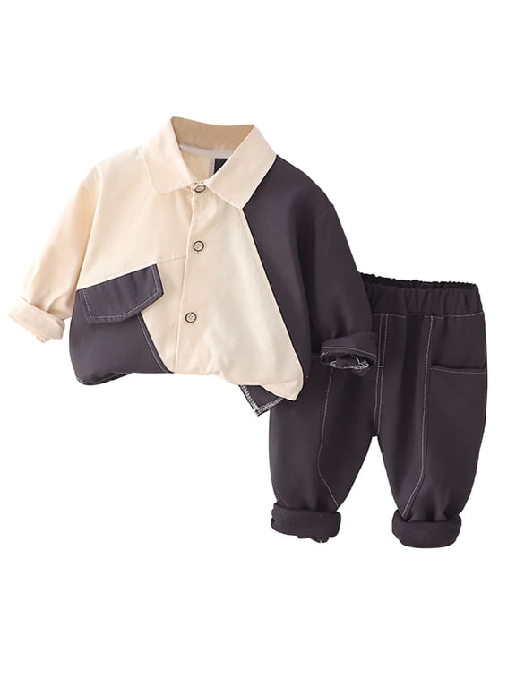 6Months-5Years Toddler Boy Fall Outfits Kids Clothes Boys Fashion Cute Color Block Long Sleeve Pocket Button Top Pants Suit Conjunto Infantil
