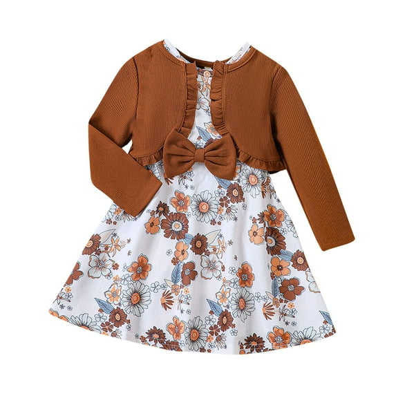 Edvintorg Baby Girls' Dress and Cardigan Set Fall Winter Floral Printed Dress Long Sleeve Knitted Cardigan Sets for Kids Clothes Girls 9Months-8Years Cute Outfits for School