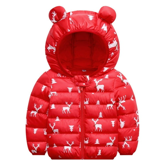 Edvintorg Christmas Jackets for Kids Boys Girls Toddler Baby Winter Christmas Cartoon Windproof Coats Deer Hooded Warm Jacket 12M-7Y Children Outerwear with Zipper