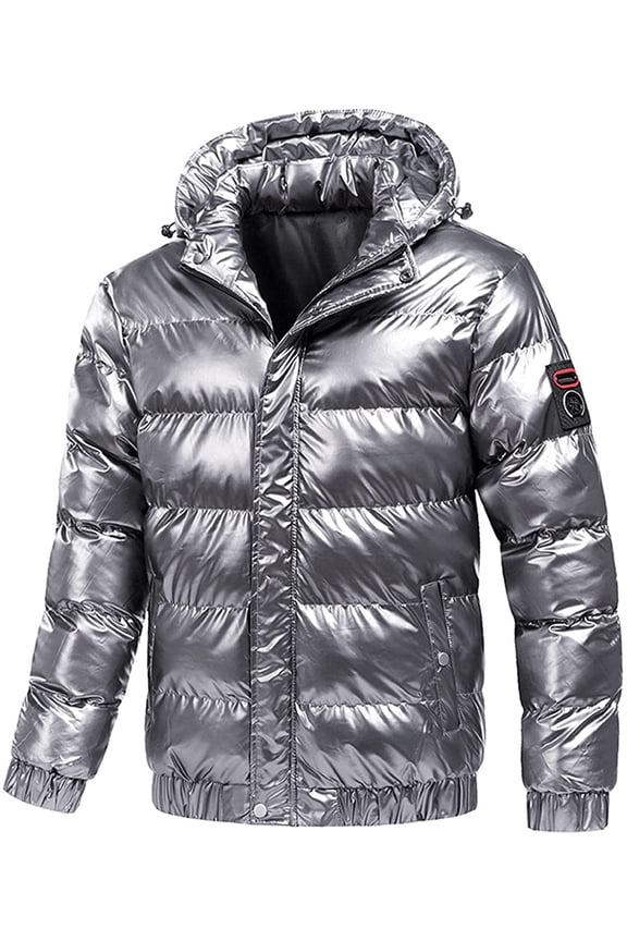 Fashion Men Shiny Hooded Reflective Down Jacket Thicken Cotton Jacket with Zipper Outdoor Lightweight Coat for Hiking Travel