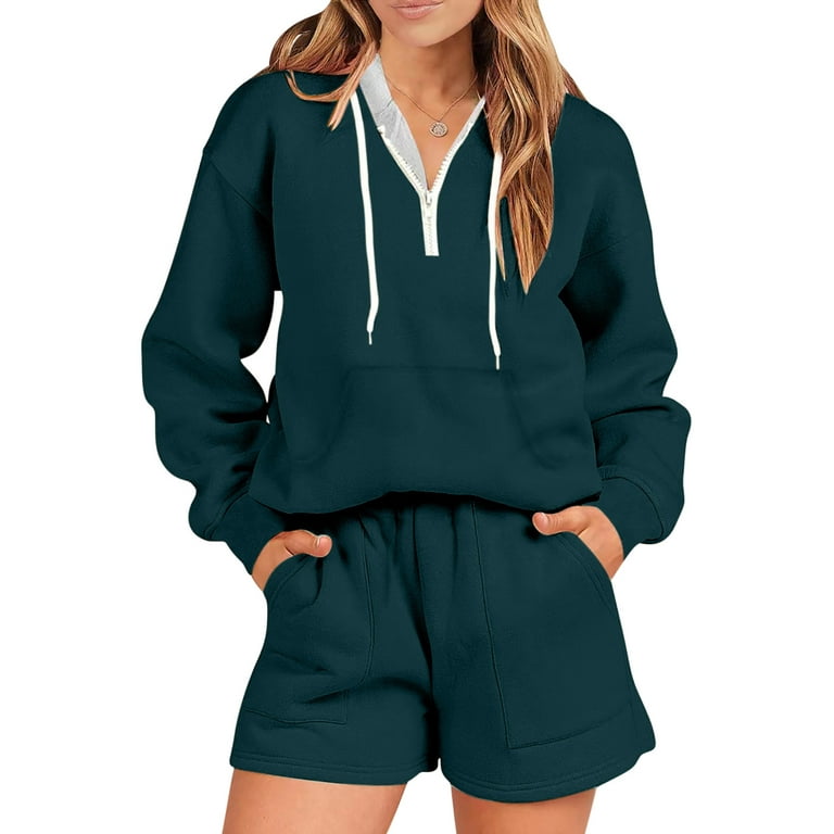 Winter Savings Clearance! Kukoosong 2 Piece Sweat Suits for Women Fall  Fashion Casual Color Lapel Quarter Zip Pullover Sweatshirts Elastic Shorts  Sets Tracksuit Homewear Jogger Sets Green 2XL 
