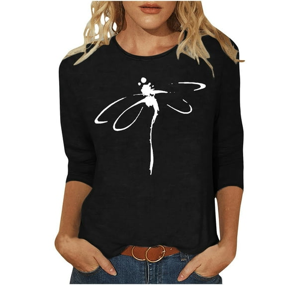 Kukoosong 3/4 Sleeve Shirts for Women Plus Size, Womens Fashion Solid Loose Long Sleeve Blouse Tops T-Shirts, Round Neck Casual Workout Tunic Tops Black 3XL