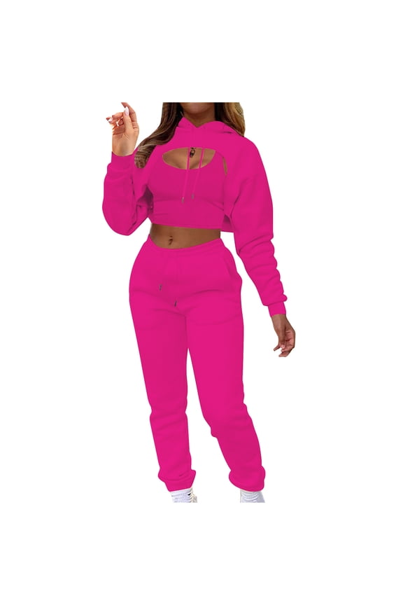 2 Piece Lounge Set for Women Women's Solid Color Sling Vest Sweatshirt High Waist Pack Hip Straight with Pocket Pants Three-Piece Suit