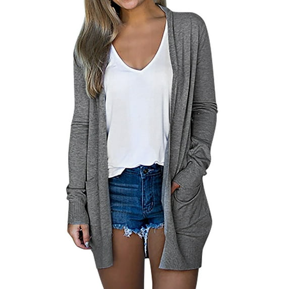 Lindreshi Cardigan for Women Womens Ladies Solid V-neck Cardigan Long Sleeve Coat Pockets Outerwear