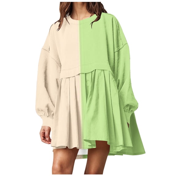 Lindreshi Fall Dresses for Teens with Long Sleeves Women's Winter New Colored Temperament Dress V-Neck Bubble Sleeve Pleated Dress