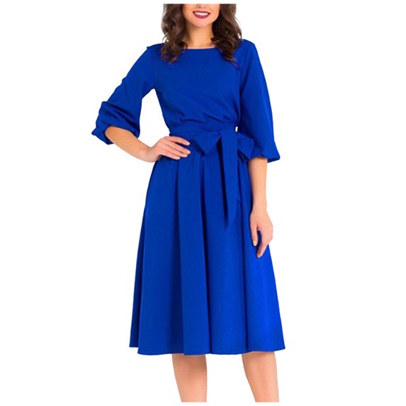 Winter Savings Clearance! Lindreshi Fall Dresses for Women 2023 Homecoming Dresses Fashion Women's Casual Long Sleeve Round-Neck Slim Dress Solid Classic Dress