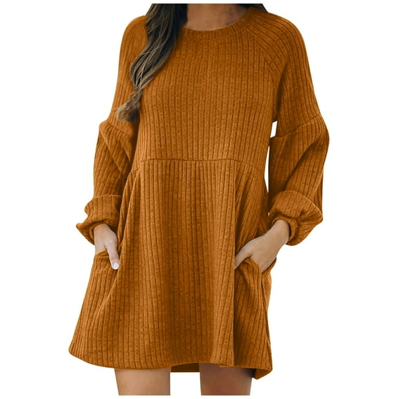 Lindreshi Fall Dresses for Women 2025 Homecoming Dresses Women Casual Solid Loose Knitted Medium Waist Sweater Dress Long Sleeve Round-Neck Dress