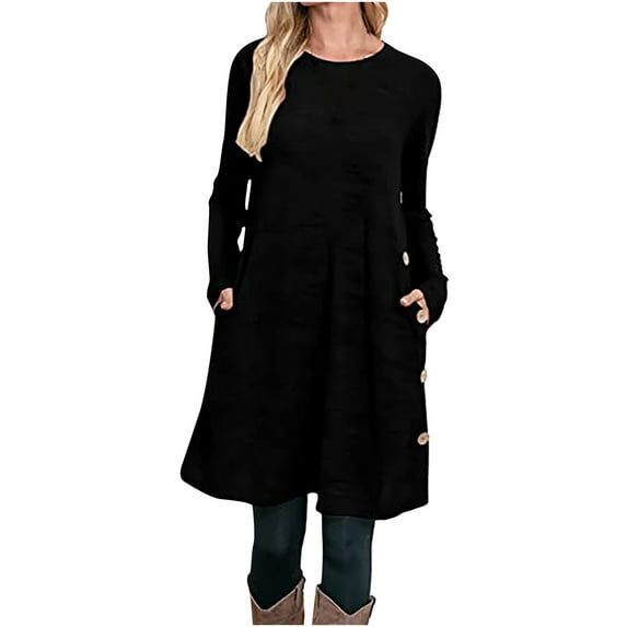 Winter Savings Clearance! Lindreshi Fall Dresses for Women 2023 Homecoming Dresses Fashion Women Solid Loose Comfy Long Sleeve Pocket Button Dress