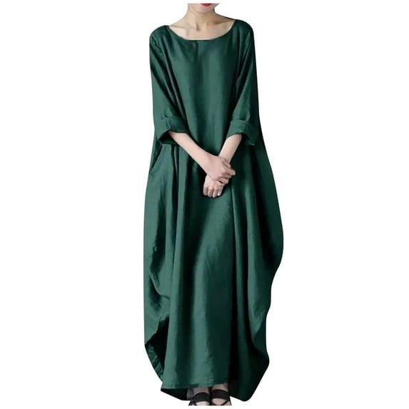 Lindreshi Fall Dresses for Women Plus Size Women's Summer Casual Cotton Linen Loose Short Sleeve Round Neck Solid Dress