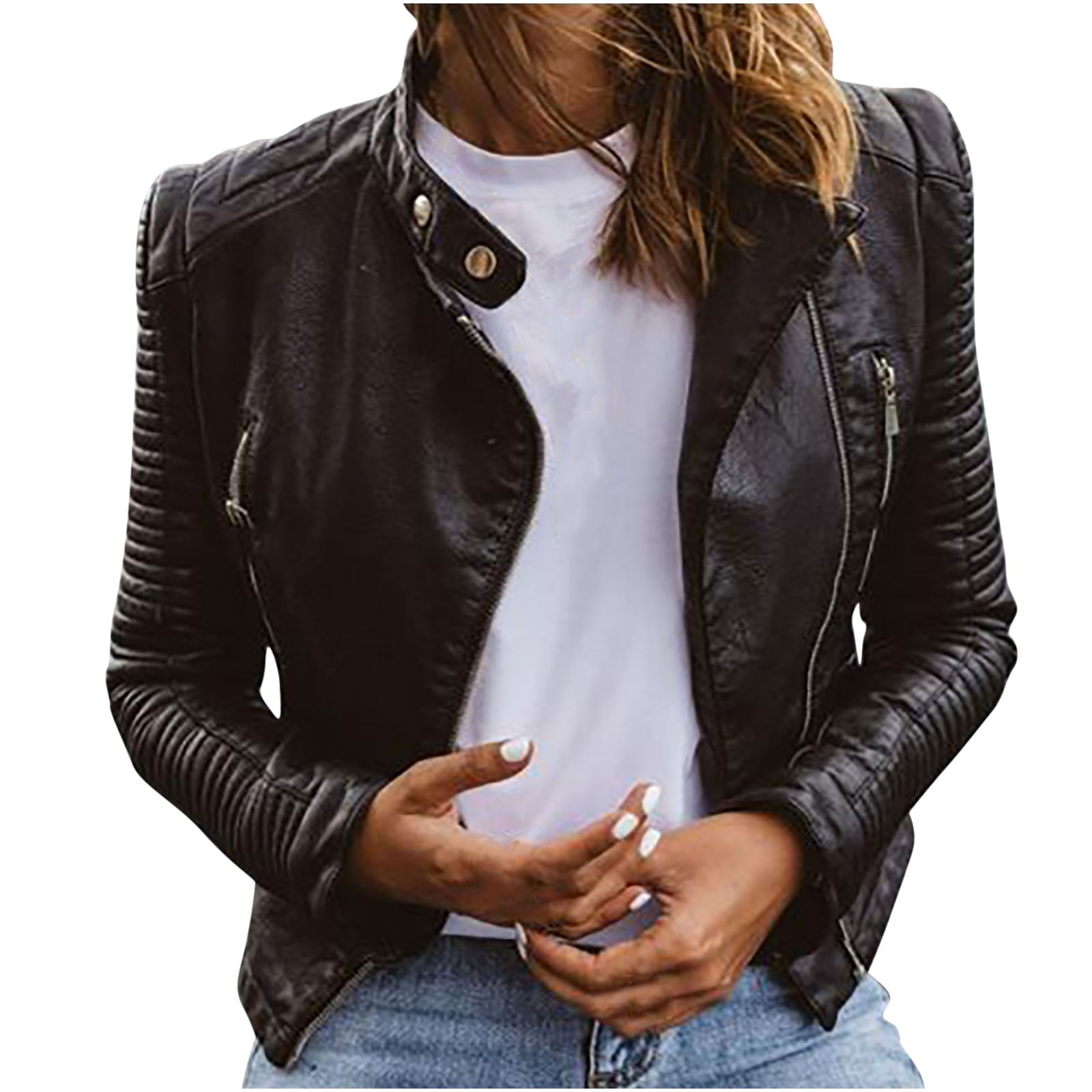 Lindreshi Leather Jackets for Women Women Cool Faux Leather Jacket Long Sleeve Zipper Fitted Coat Fall Short Jacket
