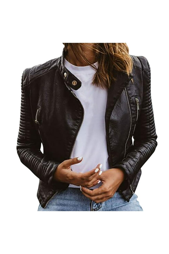 Leather Jackets for Women Women Cool Faux Leather Jacket Long Sleeve Zipper Fitted Coat Fall Short Jacket