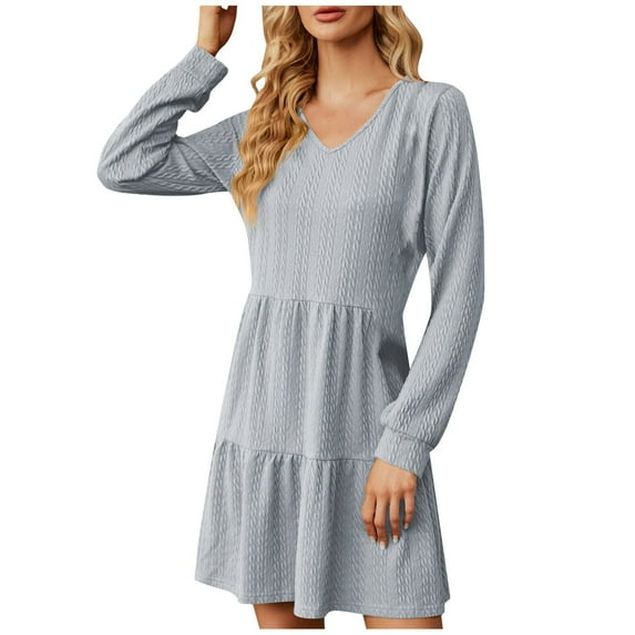 Winter Savings Clearance! Lindreshi Long Sleeve Dress Fall Fashion Short Women's New Color V-Neck Splicing Long-Sleeved Loose Dress A-Line Skirt