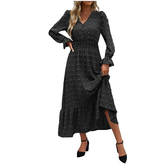 Lindreshi Long Sleeve Dresses for Women Midi Fall and Winter New Slim Temperament Dress Collar Bubble Sleeve Pleated Skirt