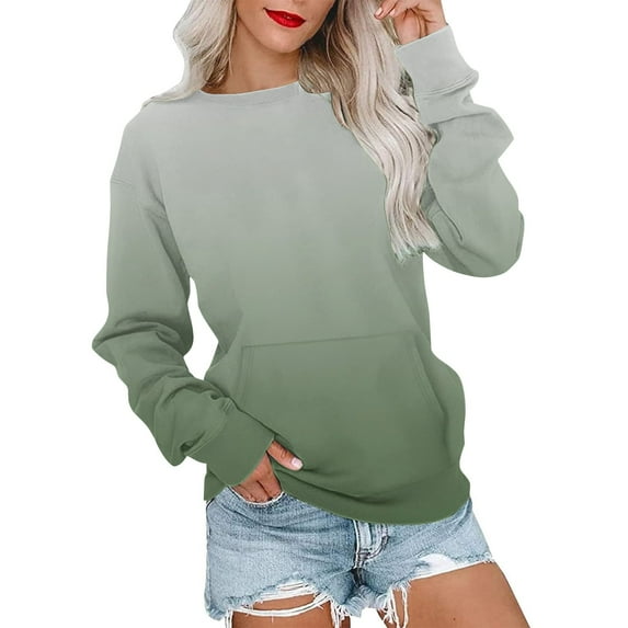 Winter Savings Clearance! Lindreshi Long Sleeve Shirts for Women Clearance Women's Gradient Color Round Neck Pocket Long Sleeve Loose Sweatshirt Top