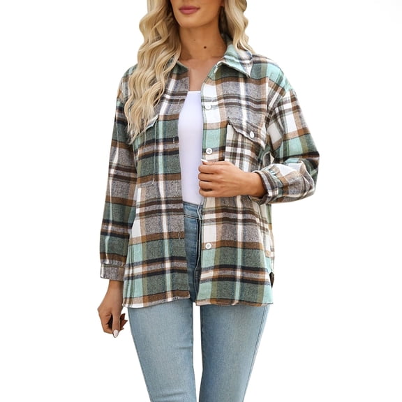 Lindreshi Long Sleeve Shirts for Women Fashion Women Plaid Printing Cardigan Button Coat Blouse Outwear Shirts Outwear