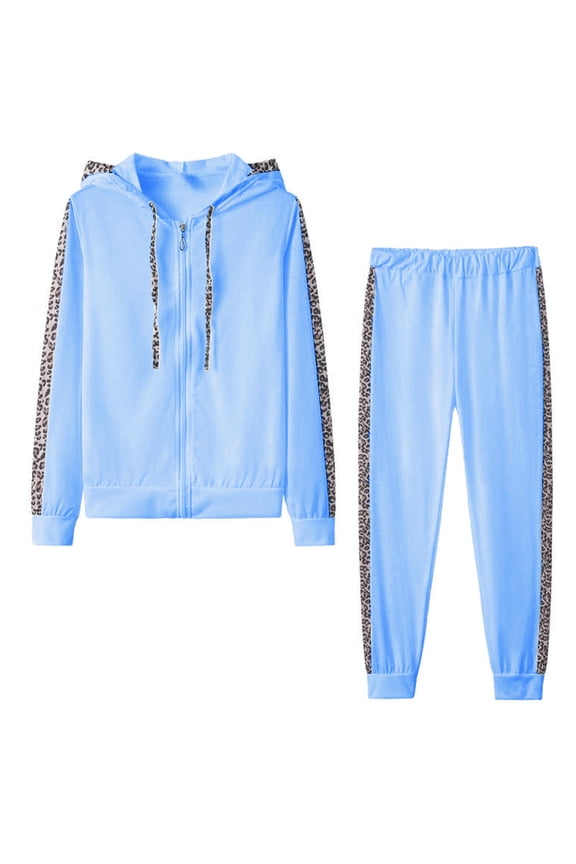 Loungewear Sets for Women 2 Piece Fashion Women's Fall Winter Casual Sports V-Neck Leopard Print Long Sleeve Pocket Zippered Sweatshirts Hoodie Set