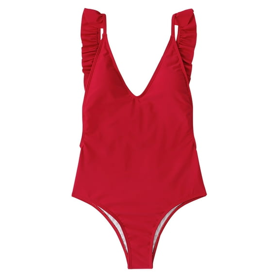 Lindreshi One Piece Swimsuits for Women Women's One-Piece Swimsuit V-Neck Backless Swimsuit Solid One-Piece Bikini Ruffle Swimsuit
