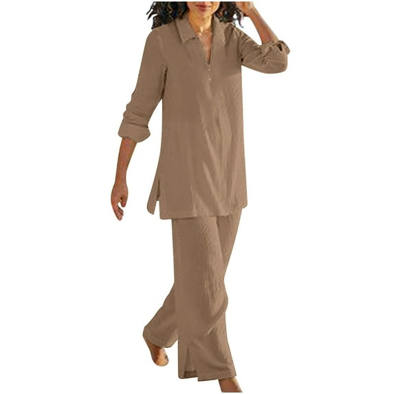 Lindreshi Plus Size 2 Piece Outfits for Women Fashion Women Summer Casual Solid Long Sleeve Blouses Botton Turndown Collar Tops Long Pants