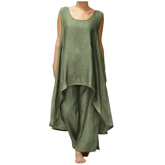 Winter Savings Clearance! Lindreshi Plus Size 2 Piece Outfits for Women Fashion Women Summer Square-Neck Solid Casual SLeeveless Top+ Pant Set