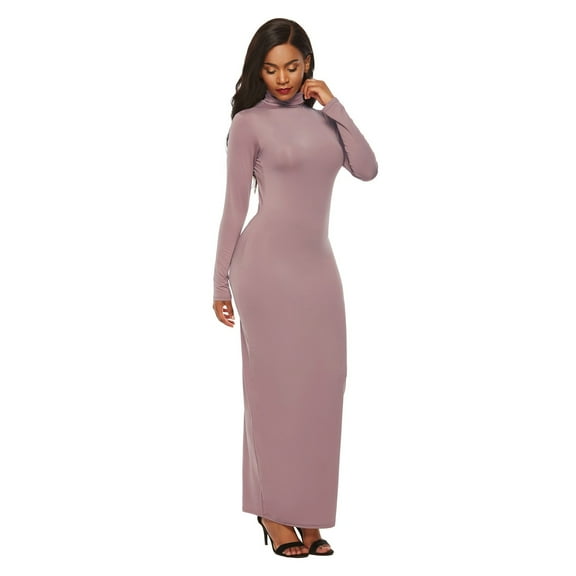 Lindreshi Plus Size Dresses for Women on Women's Casual Color High Collar Long Sleeve Stretch Slim Long Dress