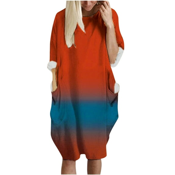 Winter Savings Clearance! Lindreshi Plus Size Dresses for Women on Clearance Womens Printing Pocket Long Sleeve Loose Dress Round Neck Casual Dress