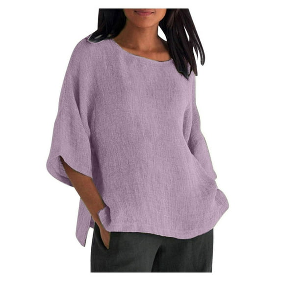 Winter Savings Clearance! Lindreshi Plus Size Short Sleeve Shirts for Women Women's Summer Fashion Cropped Sleeves Round Neck Cotton Line Loose Shirt Blouse