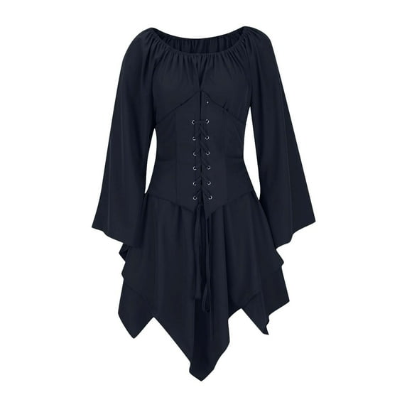 Lindreshi Renaissance Dress Women Long Sleeve Women Costumes Gothic Retro Long Sleeve Corset Dresses Long Sleeve Round-Neck Knee-High Dress
