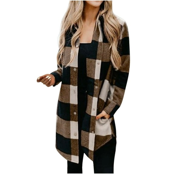 Winter Savings Clearance! Lindreshi Shackets for Women 2023 Fall Women's Autumn and Winter Casual Plaid Shirt Medium Long Sleeve Coat Pocket Plaid Shirt Top