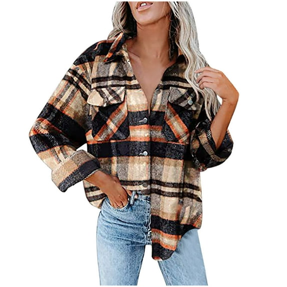 Winter Savings Clearance! Lindreshi Shackets for Women Fall and WinterFashion Women Plaid Printing Cardigan Button Coat Blouse Outwear Tops
