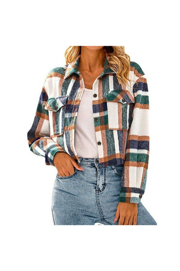 Shackets for Women Fall and WinterWomen's Lapel Pocket Fashionable Casual Short Plaid Jacket