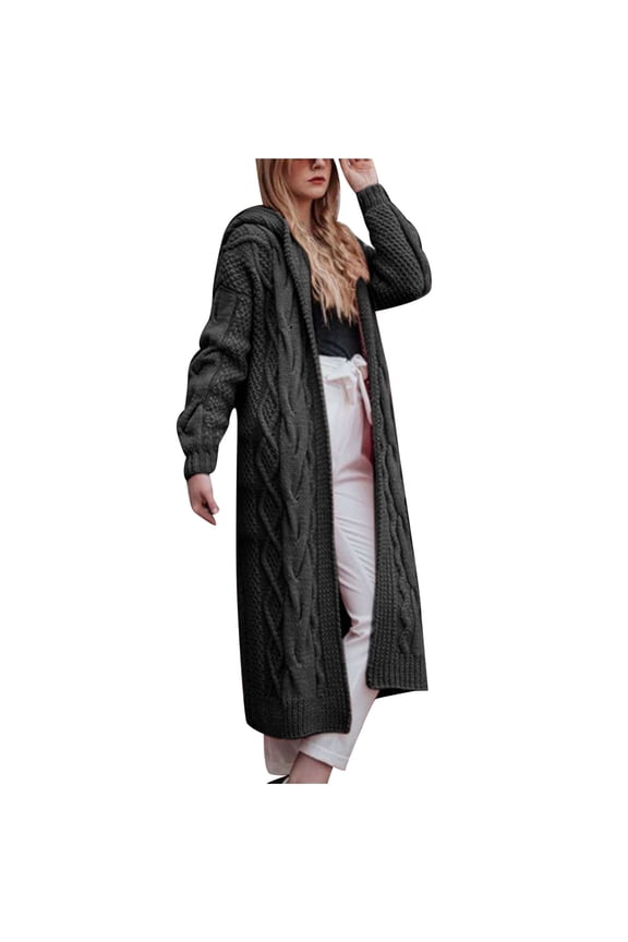 Sweaters for Women Trendy Women's Solid Hooded Long Cardigan Sweater Dough Twists Sweater
