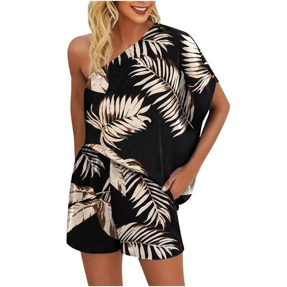 Lindreshi Womens 2 Piece Shorts Outfit Two-Piece Women's Summer Printed and Solid Shoulder Top and with Pocket Shorts Set Suit