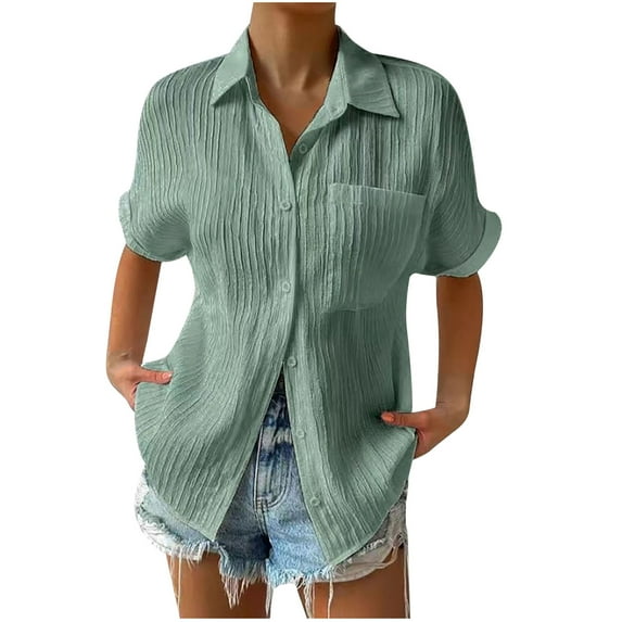 Winter Savings Clearance! Lindreshi Womens Button down Shirt Short Sleeve Women's Solid Color Short Sleeved Loose Fitting Shirt Button V-Neck Solid Color Shirt Tops