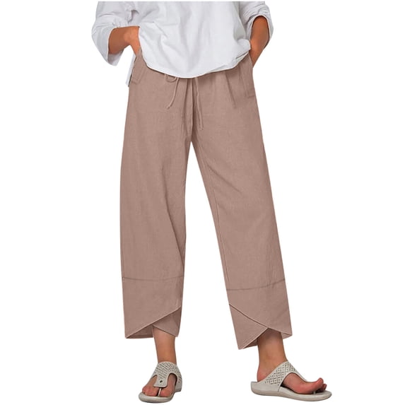 Winter Savings Clearance! Lindreshi Womens Capris with Pockets Cotton Womens Solid Color Pants Cotton Linen Drawstring Elastic Waist Pants Casual Trousers with Pocket