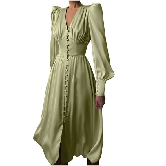 Lindreshi Womens Fall Fashion 2025 Homecoming Dresses Women's Fashion Color Long Sleeve Satin Soft Waist and Dress Satin V-Neck Temperament Slim Button Lantern Sleeve Dress