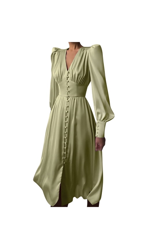 Womens Fall Fashion 2025 Homecoming Dresses Women's Fashion Color Long Sleeve Satin Soft Waist and Dress Satin V-Neck Temperament Slim Button Lantern Sleeve Dress