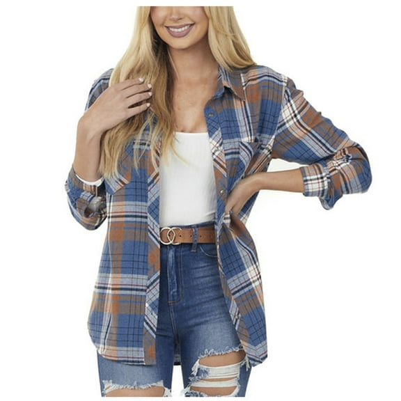 Lindreshi Womens Fall Fashion Plaid Shacket Jacket Women Women's Casual Loose Plaid Printed Long Sleeve Vintage Lapel Wool Coat
