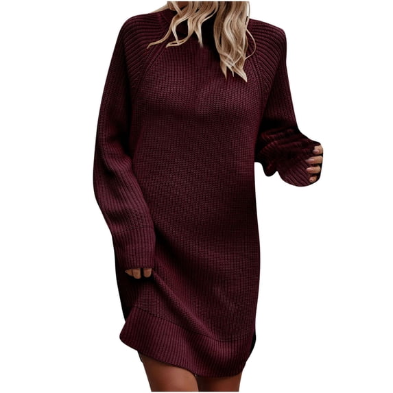 Winter Savings Clearance! Lindreshi Womens Fall Fashion Sweater Dress Women's Winter Casual Solid Color Knitted Sweater Long Sleeve Round-Neck Dress