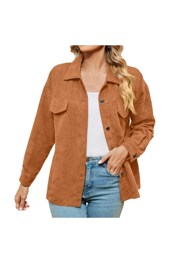 Womens Shackets Coat in Clothing Women's Solid Corduroy Pocket Button Long Sleeve Loose Top Coat