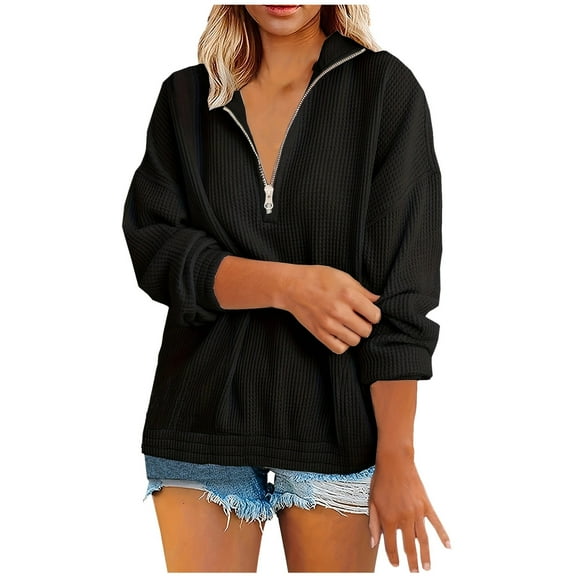Lindreshi Zip Sweatshirts for Women without Hood Fashion Women's Zipper V-Neck Pullover Casual Tops