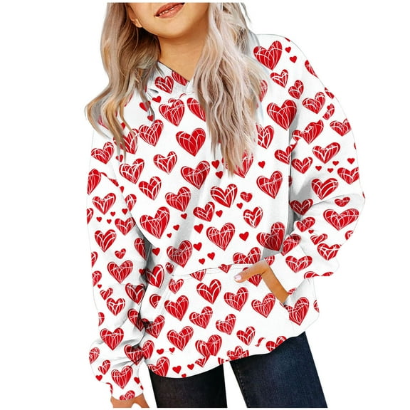 Nskgu Cute Hoodies for Teen Girls Trendy Preppy Hooded Sweatshirts Oversized Long Sleeve Shirts Heart Printed Clothes for Girls Valentine's Day