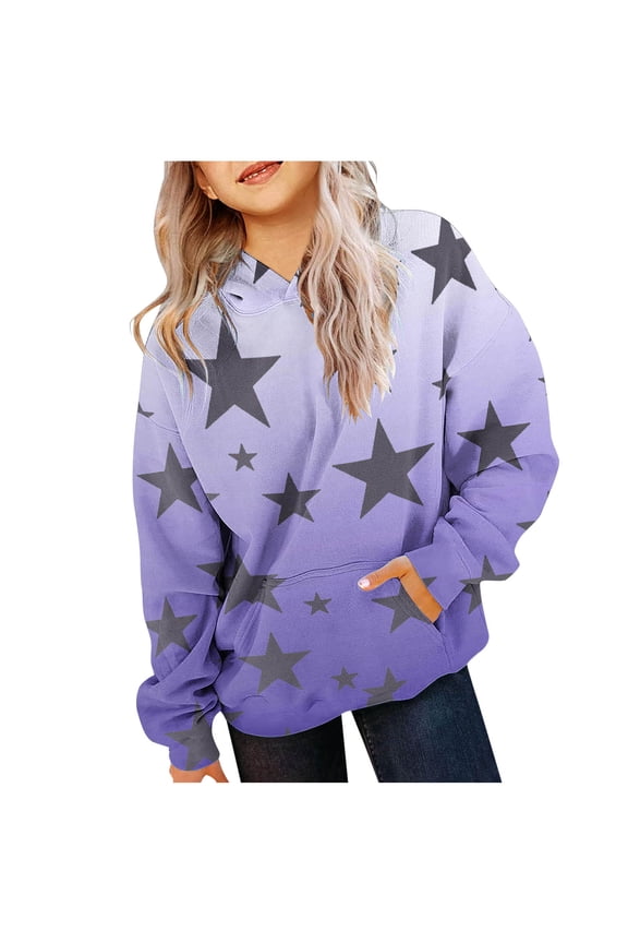 Girls Casual Long Sleeve Hoodies Cute Oversized Pocket Sweatshirt Tops Gradient Star Printed Preppy Clothes for Girls